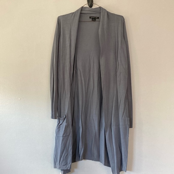 August silk slate blue open front draped sweater - Picture 1 of 5